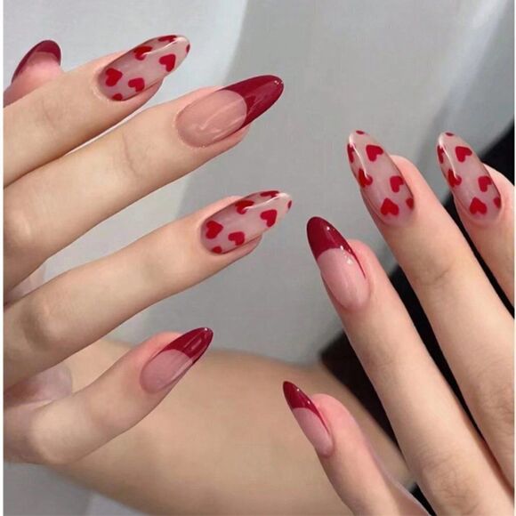 24 pcs Medium Magic Press on Nail Tips Y2K Lovely Cherry Red Heart Design - Picture 1 of 5